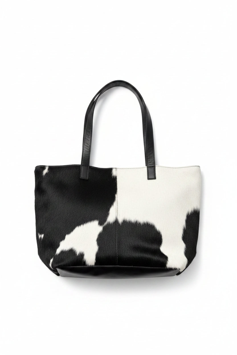 Bolso tote de pelo de vaca Blanco y Negro con asas de cuero - Francisca Espinoza Handmade Leather