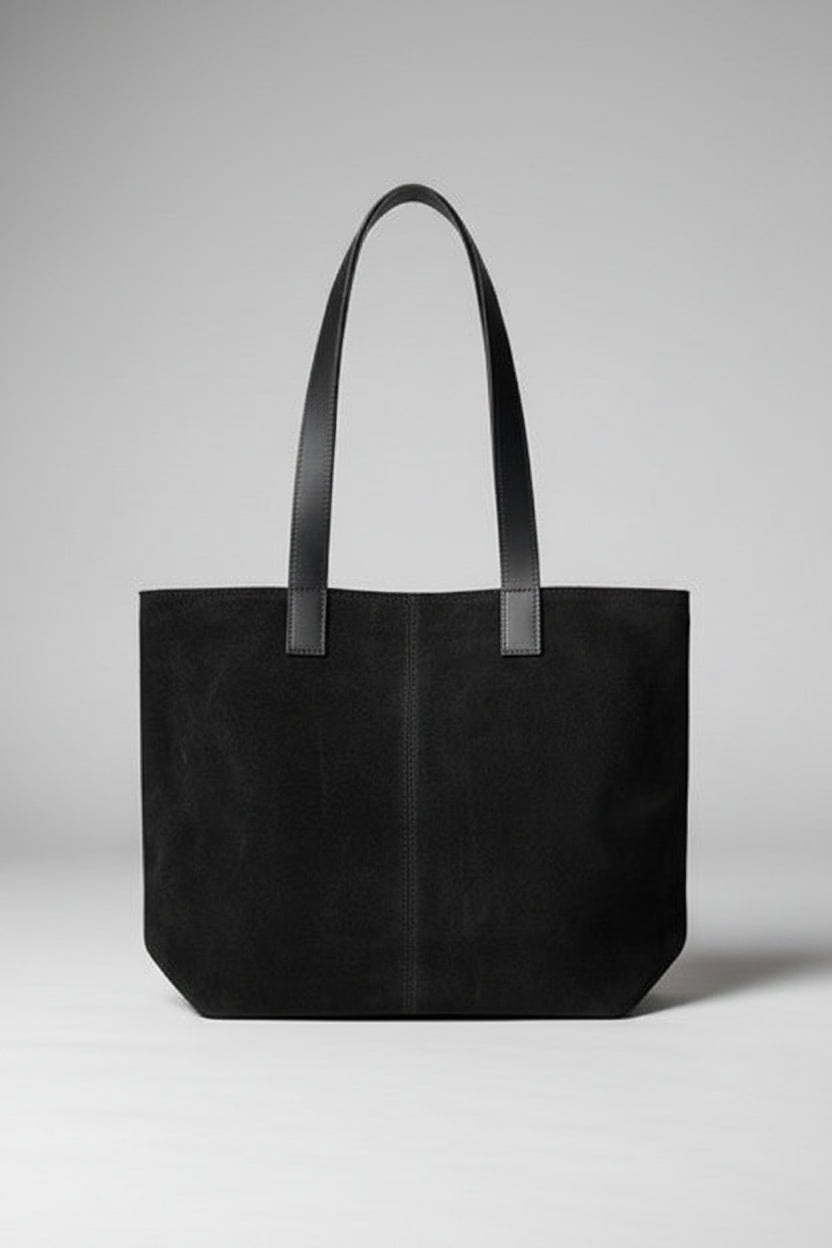 Bolso tote de gamuza Negro con asas de cuero - Francisca Espinoza Handmade Leather
