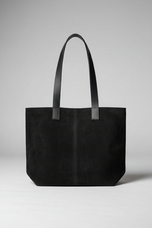 Bolso tote de gamuza Negro con asas de cuero - Francisca Espinoza Handmade Leather