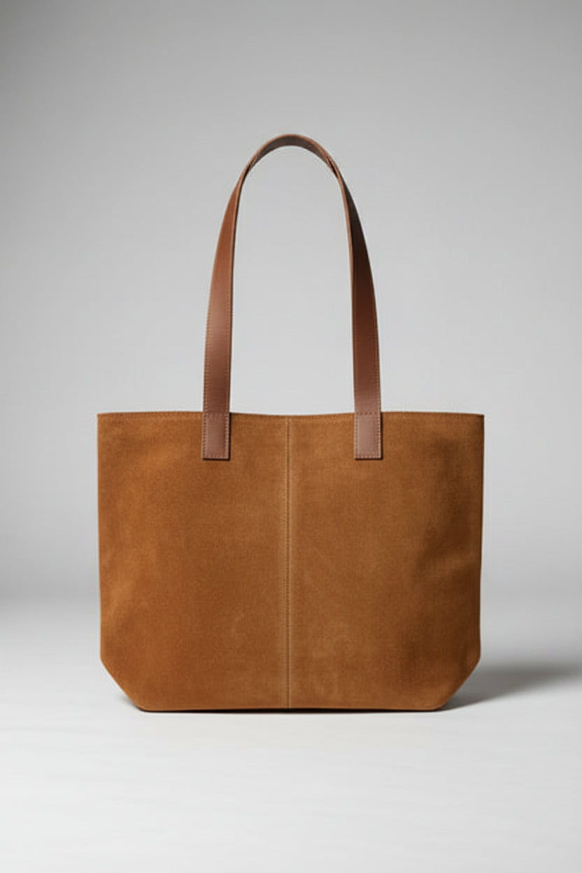 Bolso tote de gamuza Camel con asas de cuero - Francisca Espinoza Handmade Leather