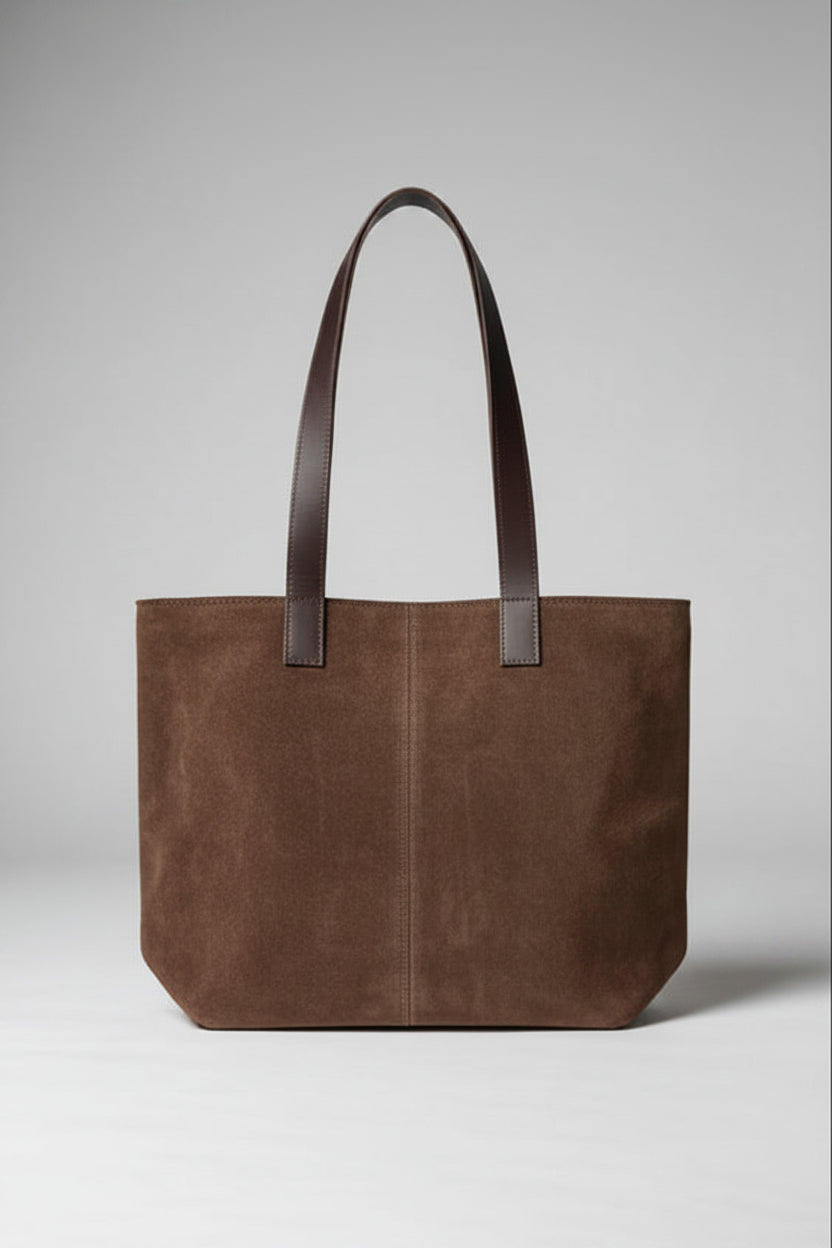 Bolso tote de gamuza Chocolate con asas de cuero - Francisca Espinoza Handmade Leather