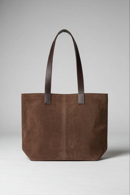 Bolso tote de gamuza Chocolate con asas de cuero - Francisca Espinoza Handmade Leather