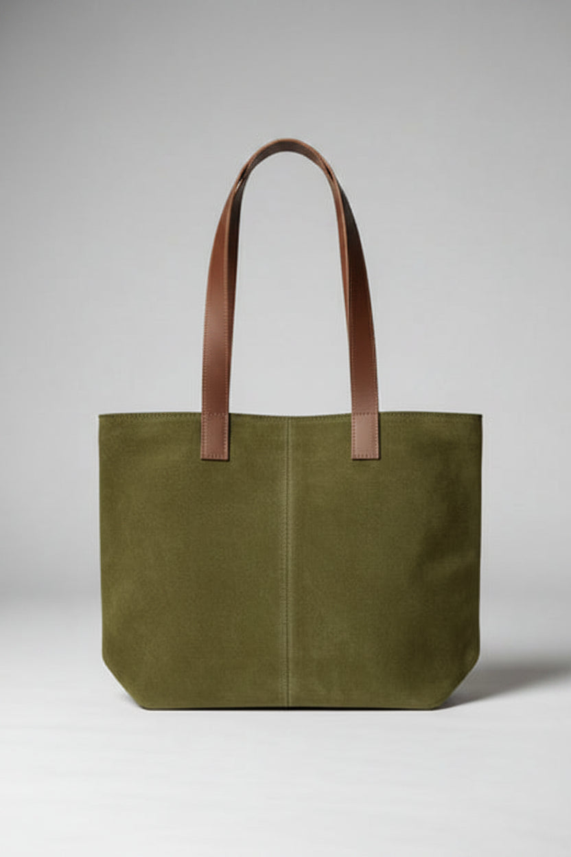 Bolso tote de gamuza Verde Oliva con asas de cuero camel - Francisca Espinoza Handmade Leather